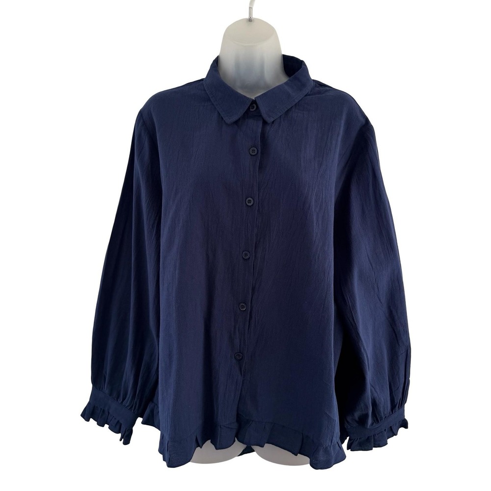 Izuria Shirt Womens 2XL Blue Linen Cotton Button Front Ruffle Hem Relaxed Top